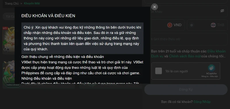 Các bạn cần lưu ý đến quy định Điều khoản dịch vụ khi Đăng ký tài khoản tại V9BET