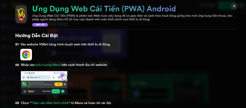 Tải app V9BET thông qua ứng dụng web cải tiến PWA cho Android